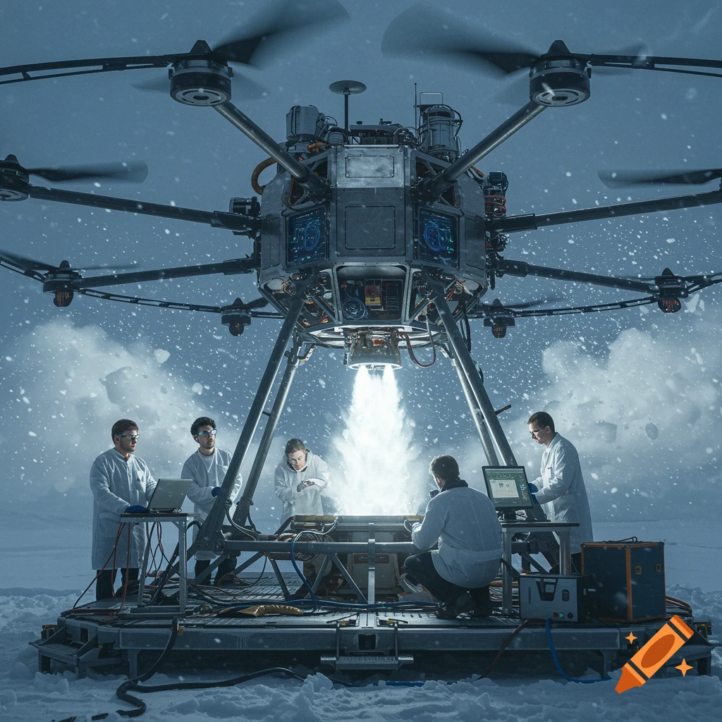 Scientists work around a large drone blasting light onto equipment in a snowy landscape.