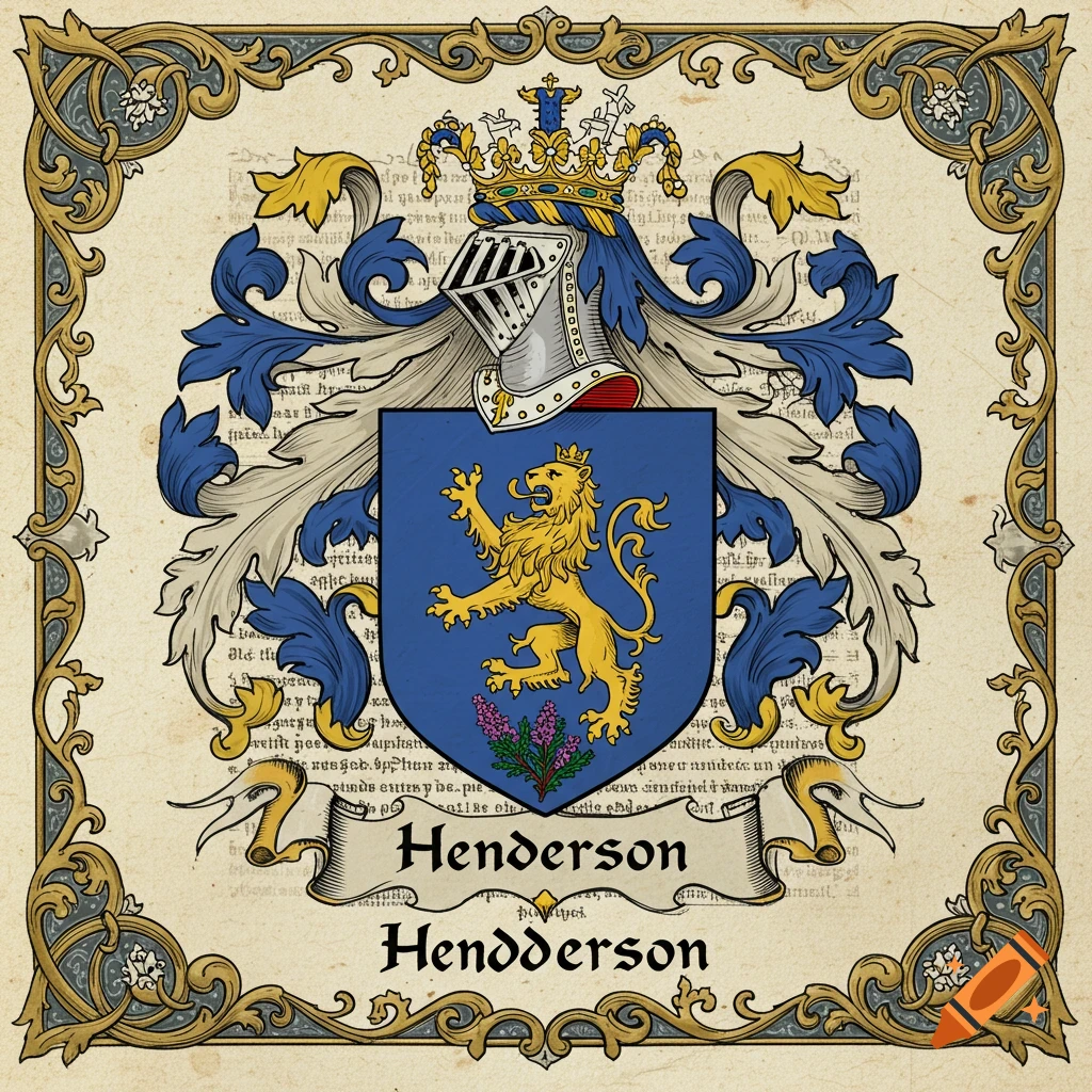 Medieval coat of arms with golden lion, blue shield, crowned helmet, ornate frame, and Henderson name.