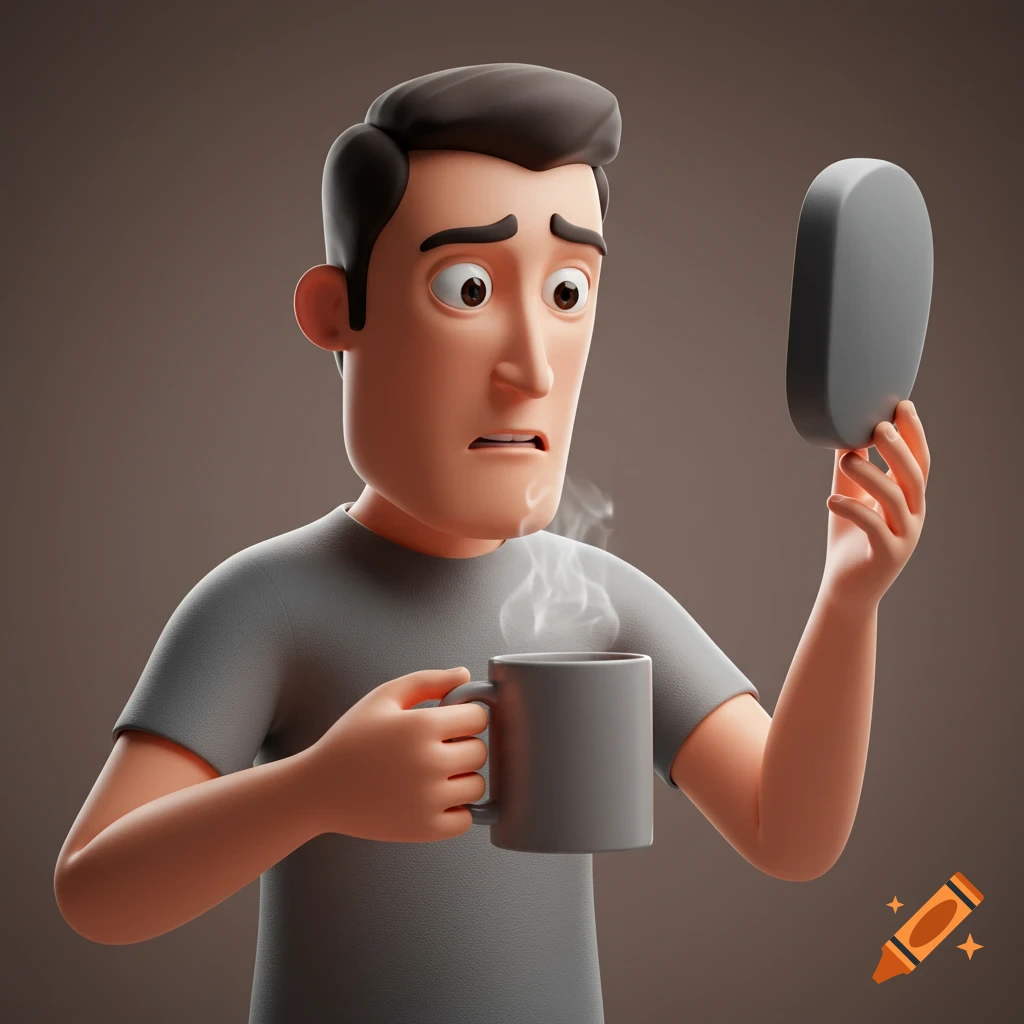 Worried cartoon man holding a steaming coffee mug and a gray object in a 3D rendering.