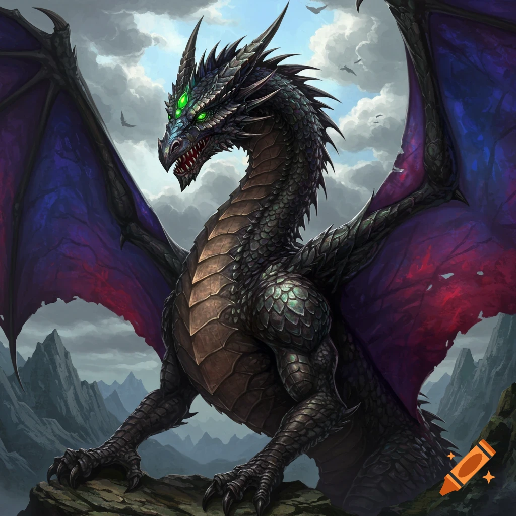 A dark dragon with glowing green eyes sits on a rocky mountain ridge under a cloudy sky, detailed illustration.