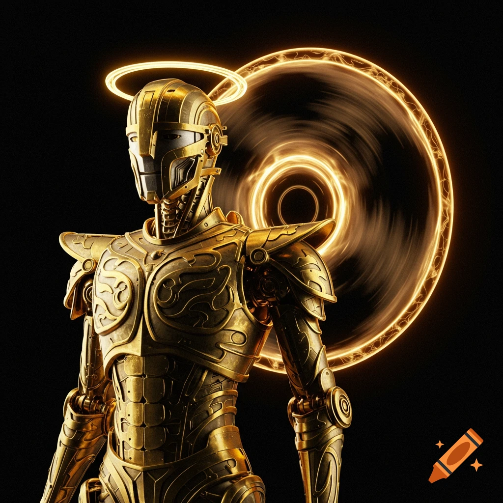 A golden robot in elaborate armor with a glowing halo and spinning disc.