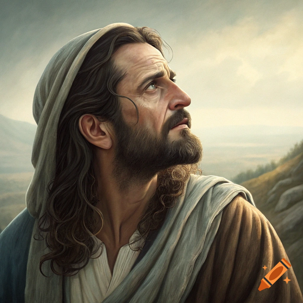 Painterly portrait of a man in a hooded robe looking up towards a cloudy sky.