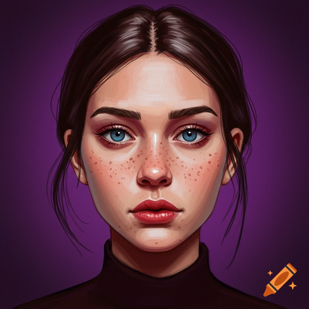 A digital illustration of a young woman's face with freckles and blue eyes against a purple background.