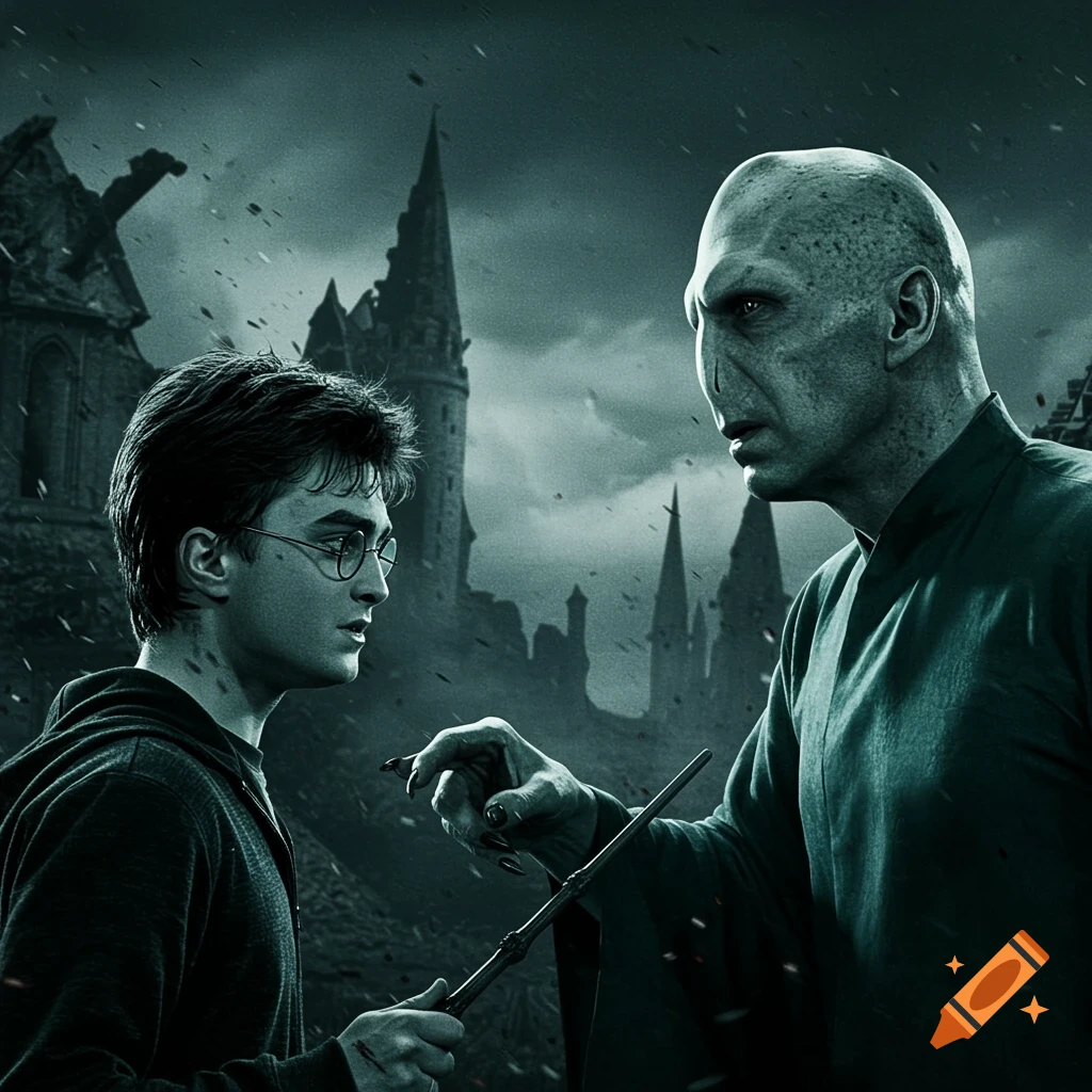 Harry Potter and Voldemort face each other with wands before a dark castle.