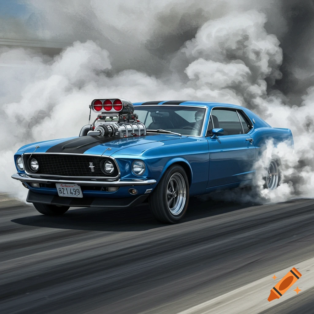 A blue 1969 Mustang with a supercharger does a burnout on a drag strip, engulfed in smoke.