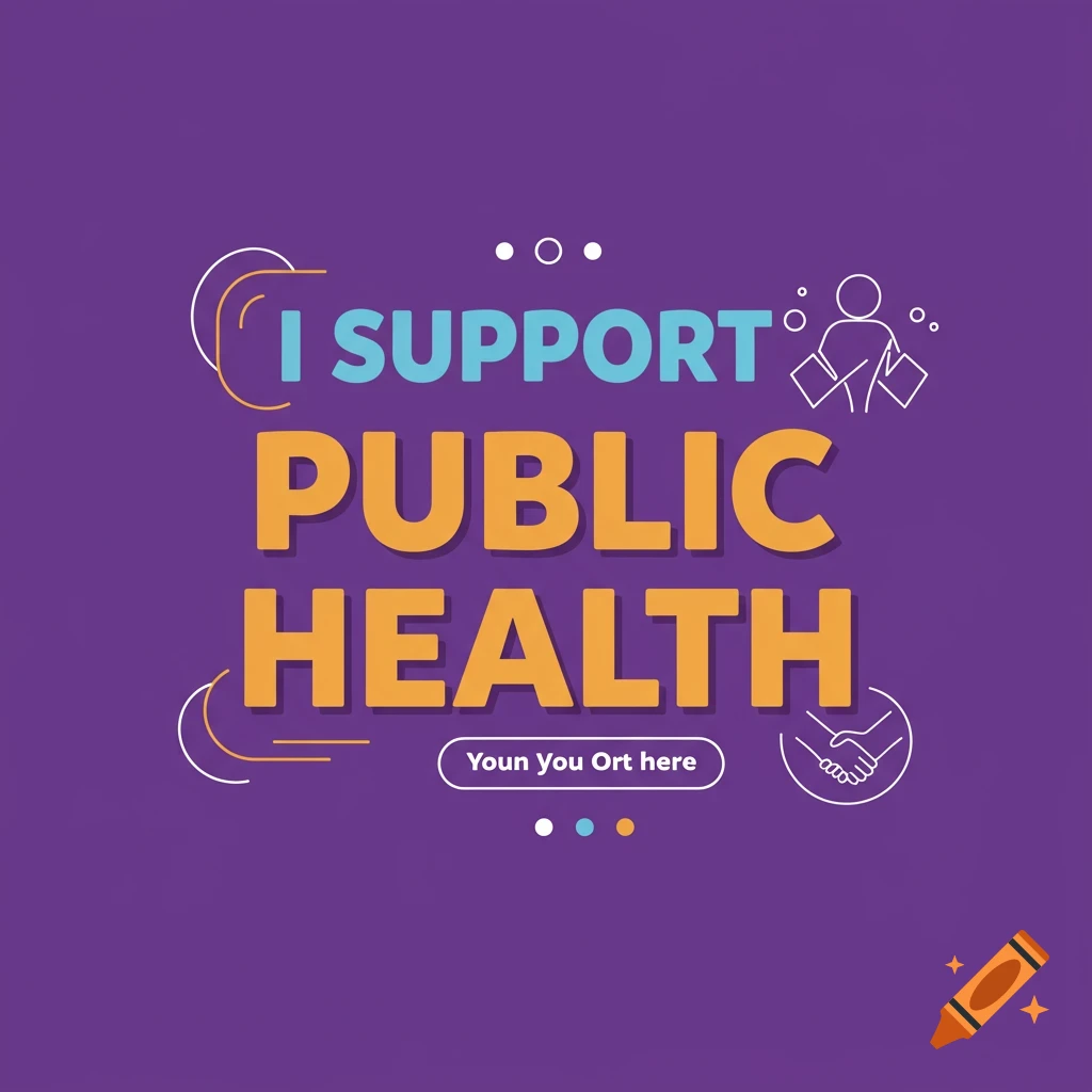 Graphic with text 'I SUPPORT PUBLIC HEALTH' and icons of people and hands shaking.