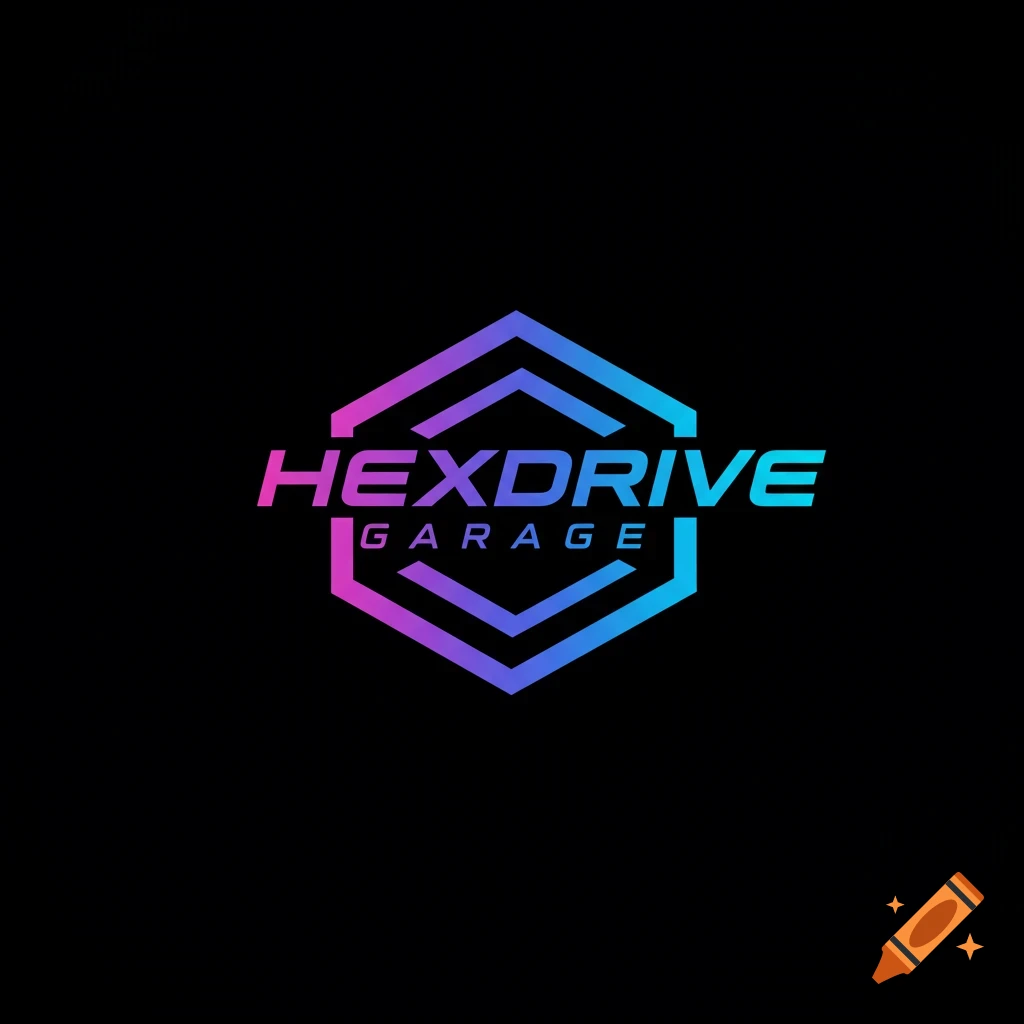 Futuristic logo for HexDrive Garage with gradient purple and blue hexagon shape on black background.