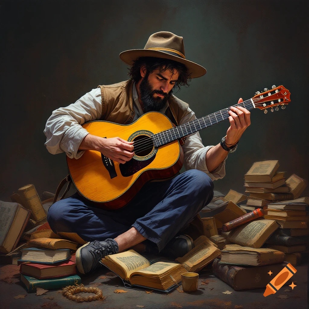 Man playing guitar sits surrounded by stacks of old books in a painting style.