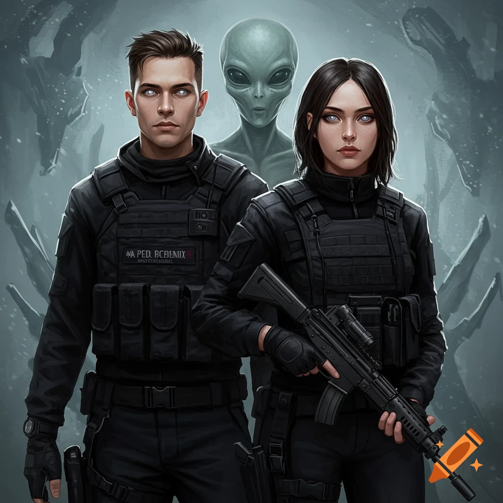 A man and woman in black tactical gear with a grey alien behind them.