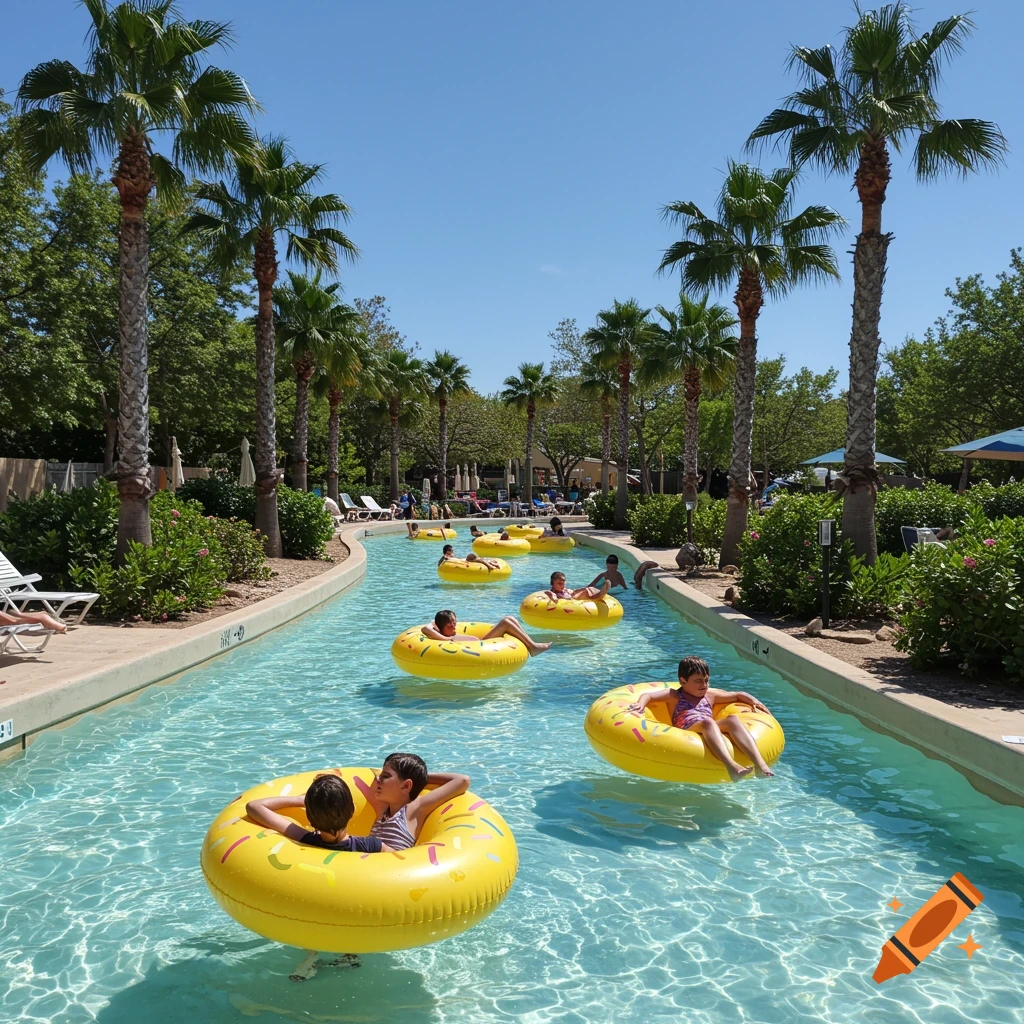 Children float on yellow donut rings in a sunny lazy river lined with palm trees at a water park.