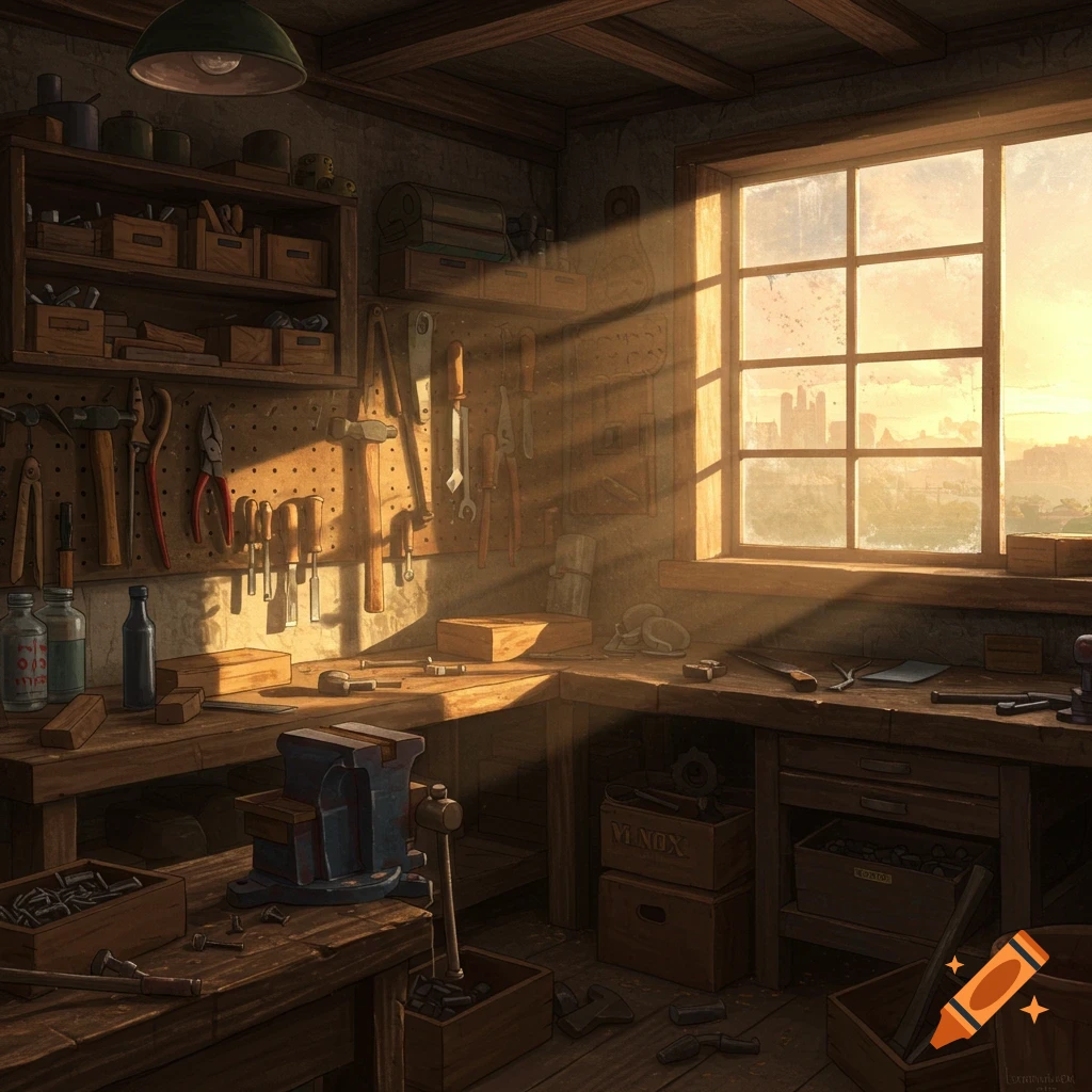 A sunlit workshop interior with tools on the wall and a workbench.