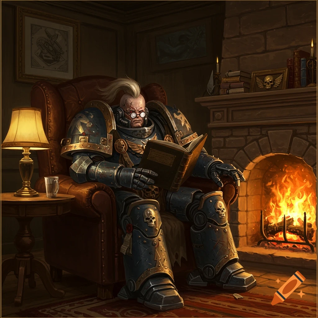 Figure in sci-fi armor and glasses reads a book by a fireplace.
