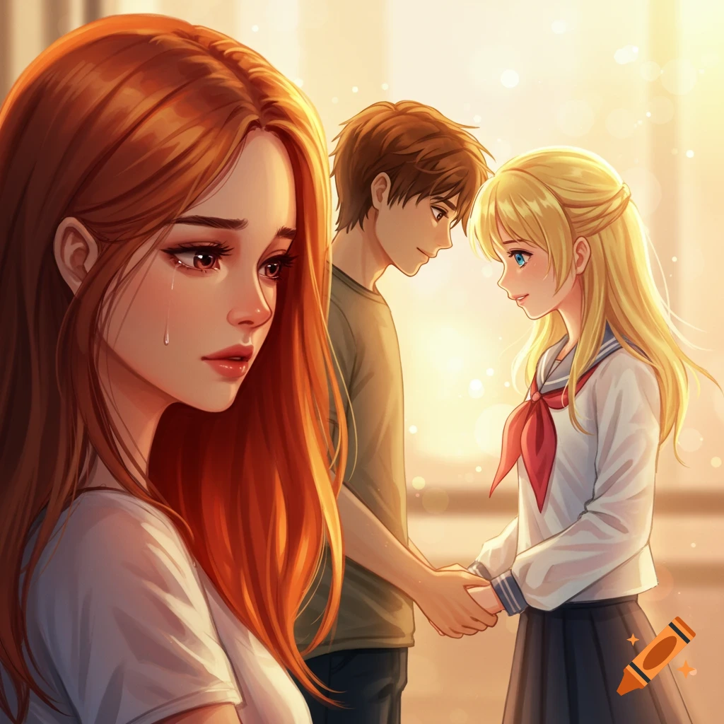 Anime illustration of a crying girl watching two friends hold hands