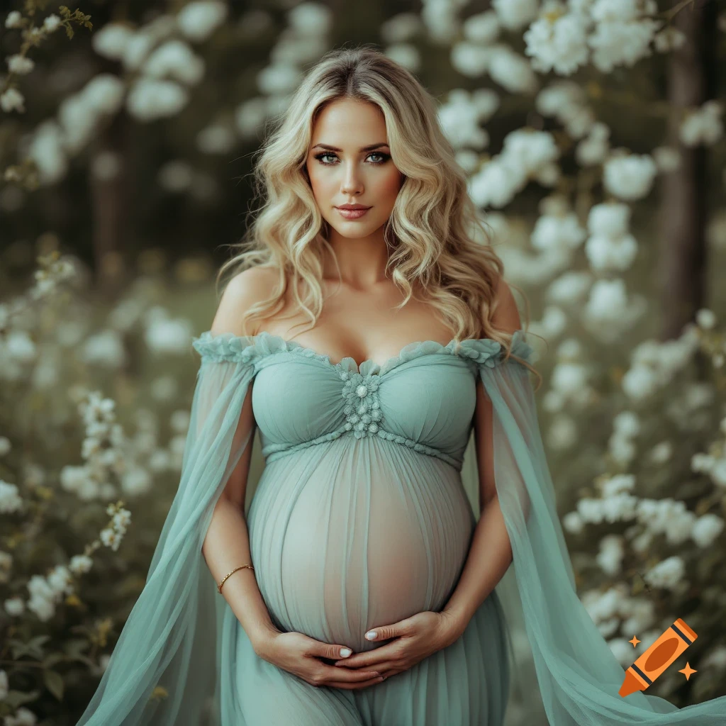A pregnant woman in a blue dress holds her belly in a garden.