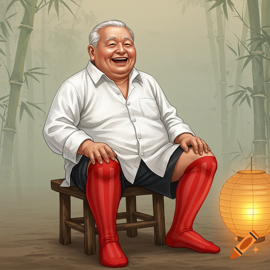 Illustration of a cheerful old Chinese man in a white shirt and red striped socks sitting on a stool with bamboo in the background.