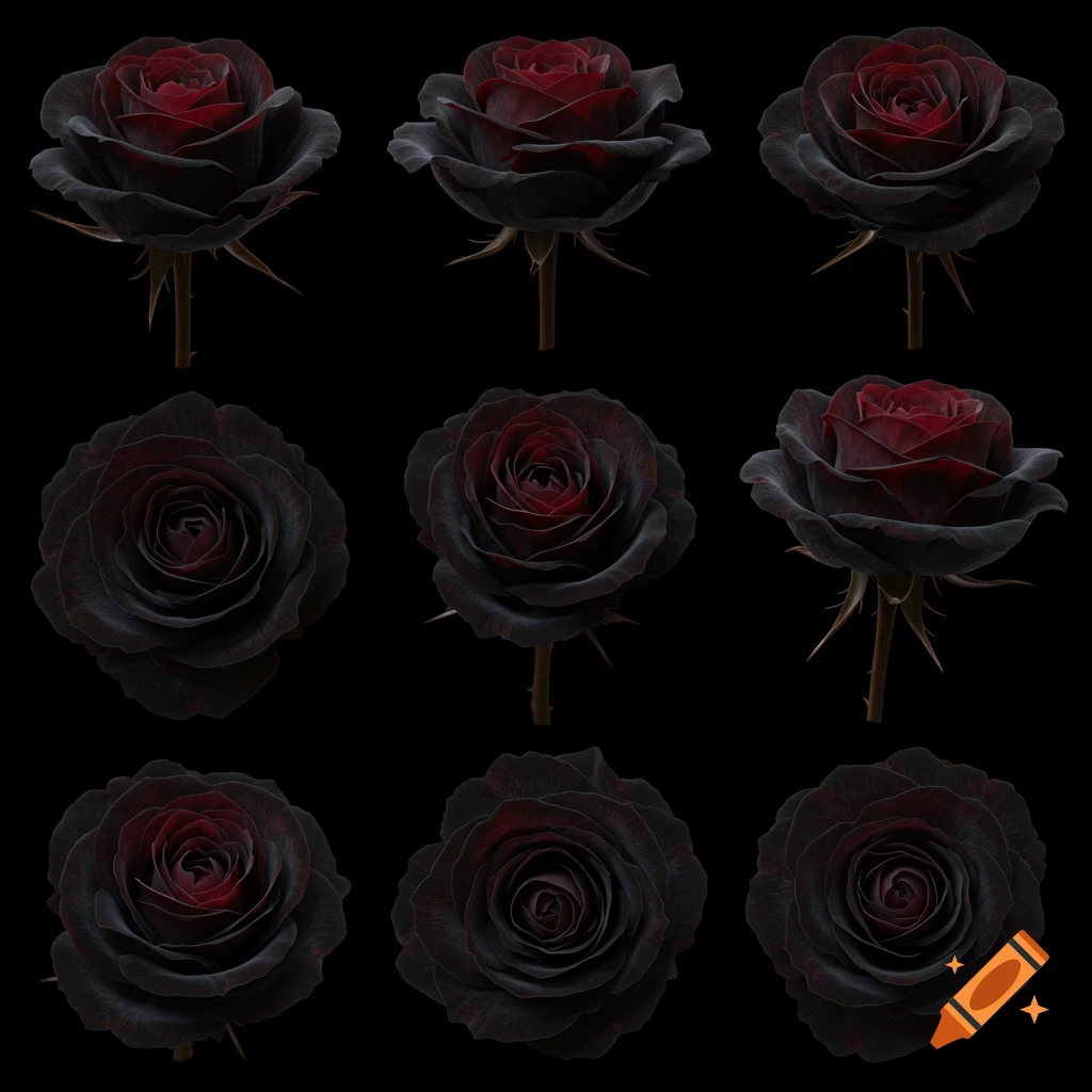 A grid of nine black roses with deep red centers against a black background.