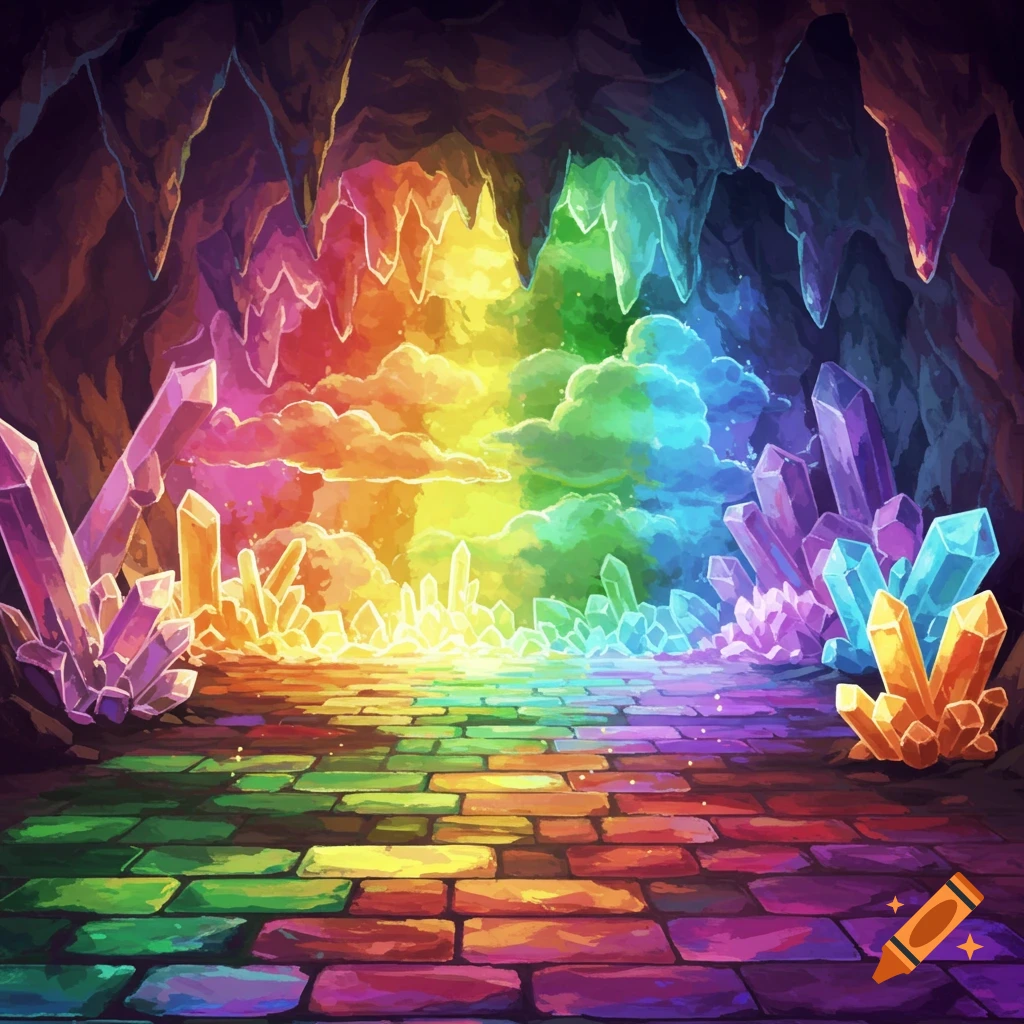 A vibrant, illustrative image of a fantasy cave filled with large crystals and a rainbow-colored path, illuminated by a rainbow light.