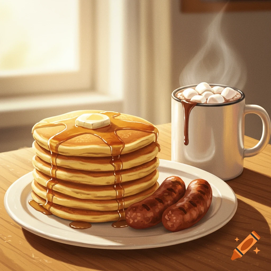 A stack of pancakes with syrup and butter, two sausages, and a mug of hot chocolate with marshmallows.