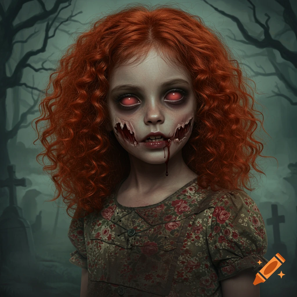A girl zombie with red curly hair and facial wounds stands in a dark graveyard.