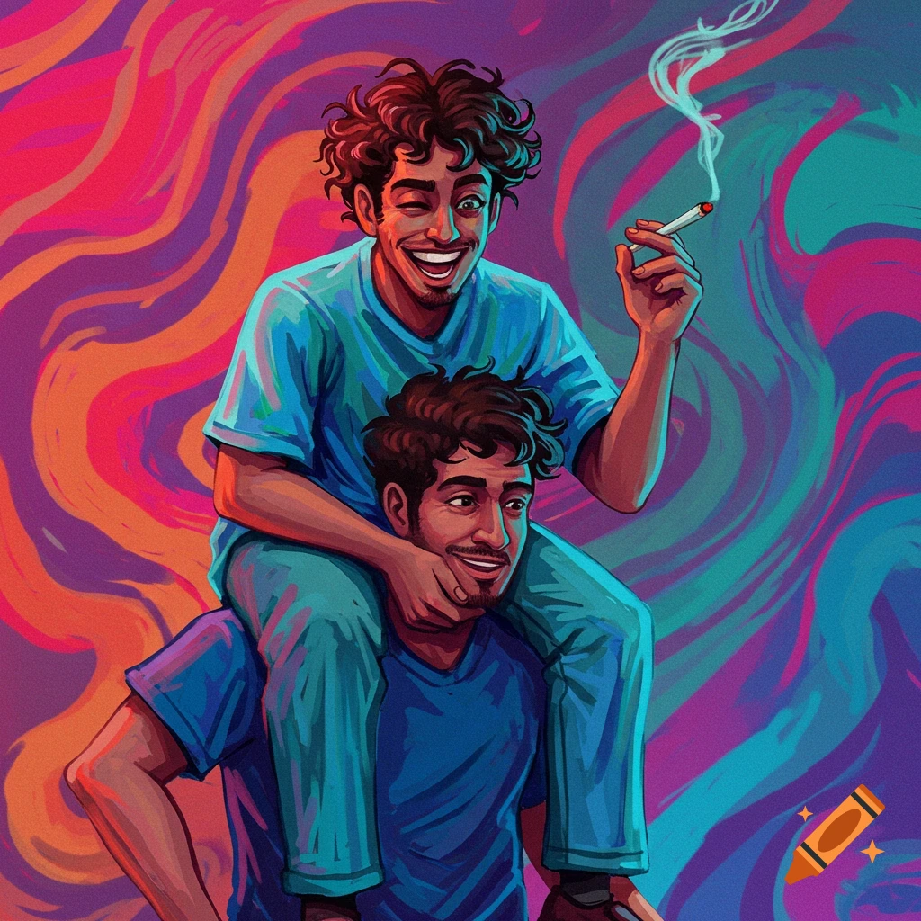 Illustration of one man giving another a piggyback ride, against a colorful wavy background. The man on top is smiling and holding a cigarette.