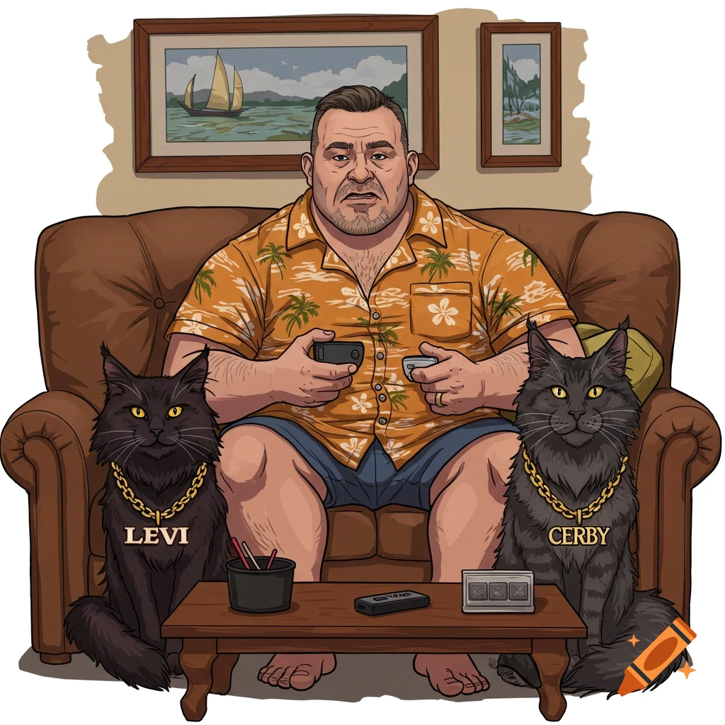 An illustrated man sits on a couch with two black cats wearing gold chains with "LEVI" and "CERBY".