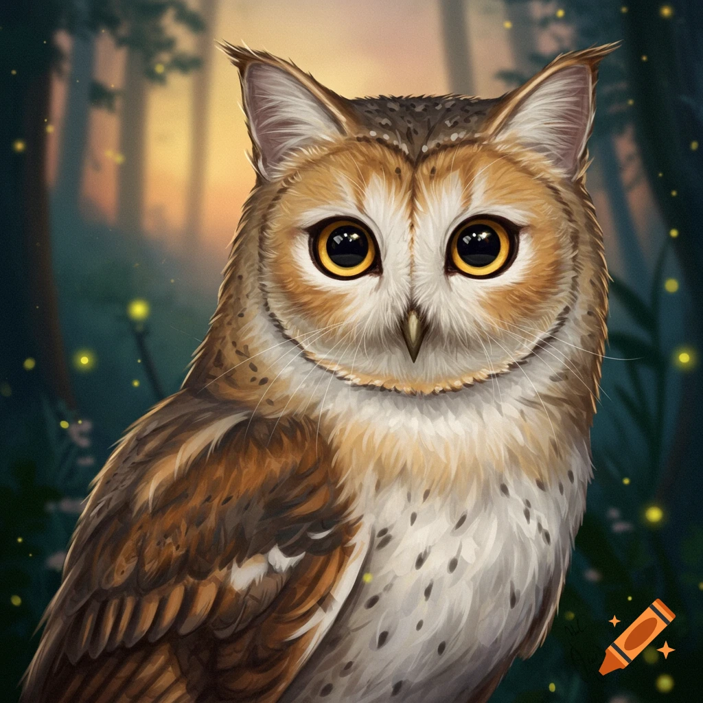 Illustration of a cat owl in a forest.