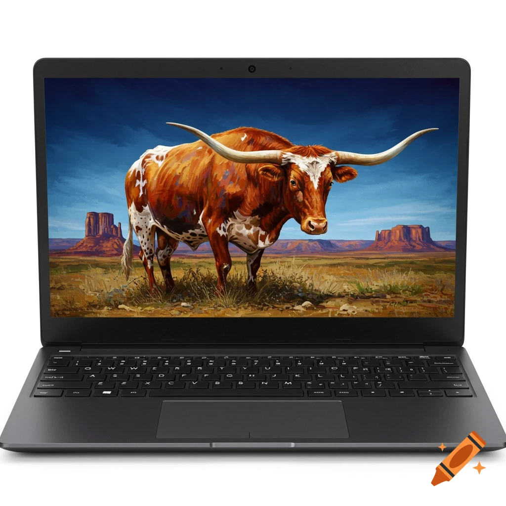 A laptop displaying a painting of a longhorn bull in a dry landscape with mesas.