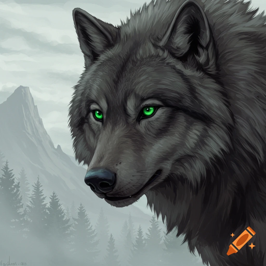 A dark wolf with bright green eyes stands in a misty mountain forest.
