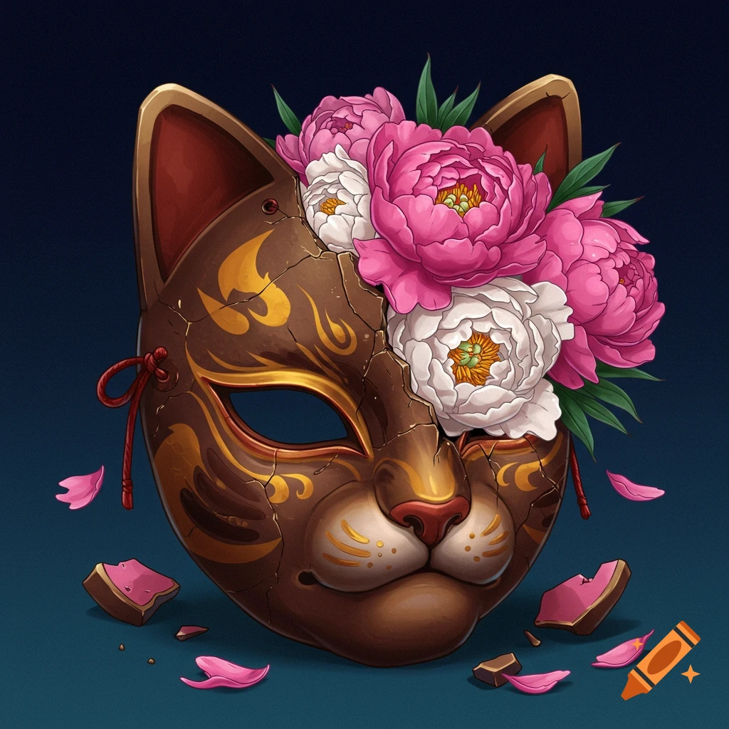 A broken Japanese cat mask with pink and white peonies growing out, surrounded by petals.