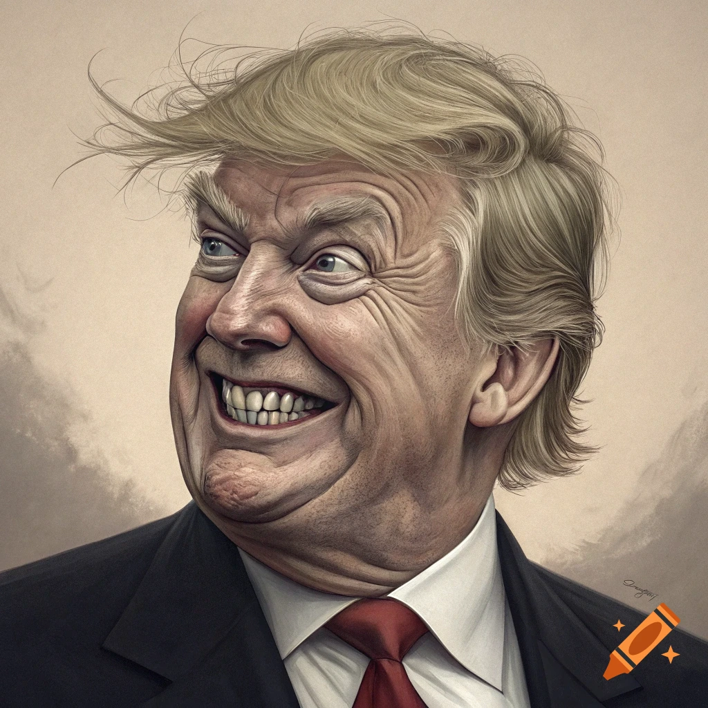 Caricature of Donald Trump smiling broadly in a suit and tie.