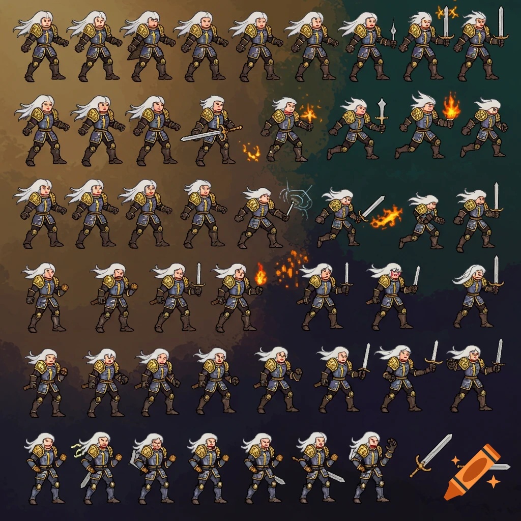 Pixel art sprite sheet of a fantasy character in armor in various poses and actions.