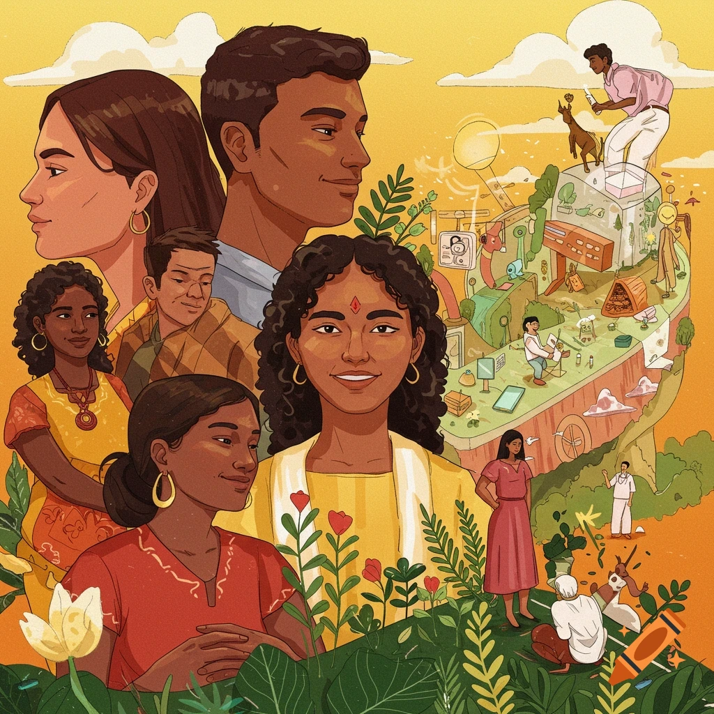 Stylized illustration of a diverse group of people and abstract structures surrounded by nature, conveying themes of happiness and hope.