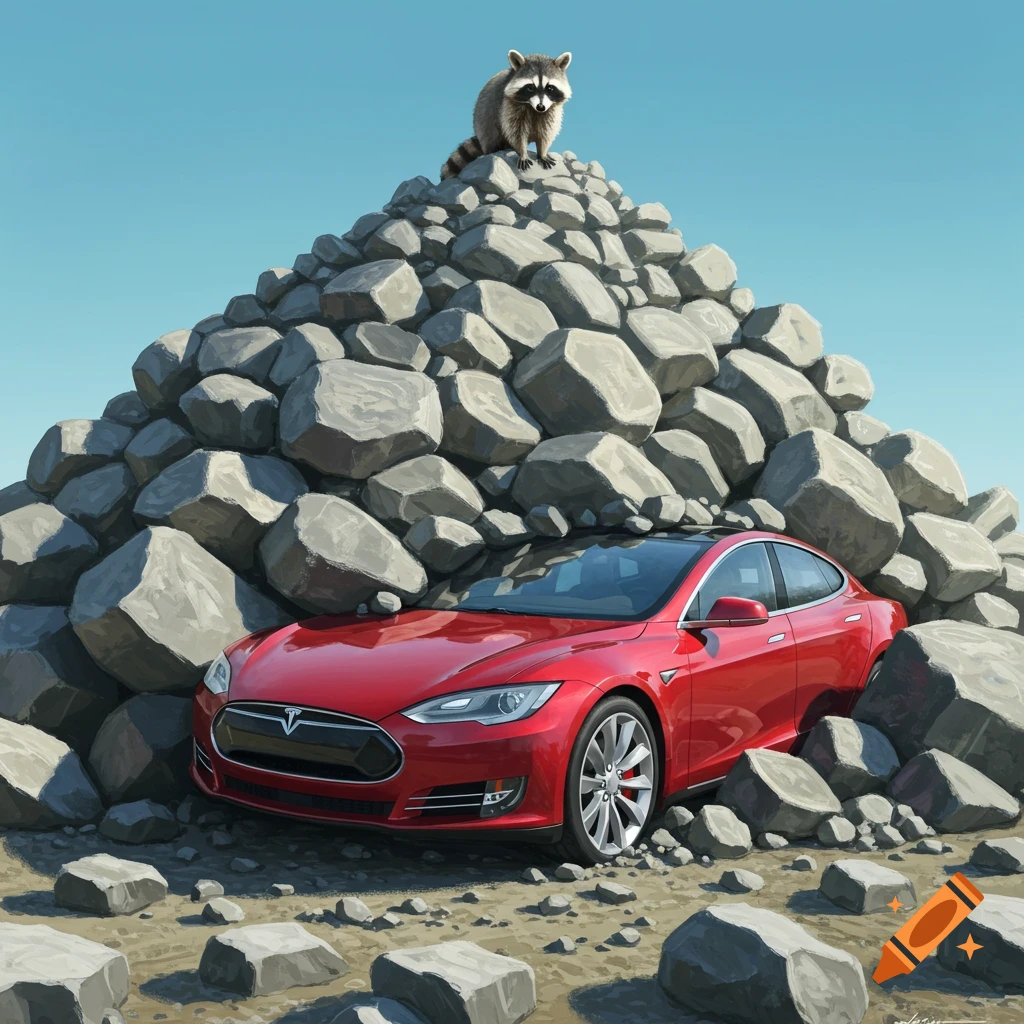 Red Tesla covered in a pile of large rocks with a raccoon sitting on top, digital illustration.