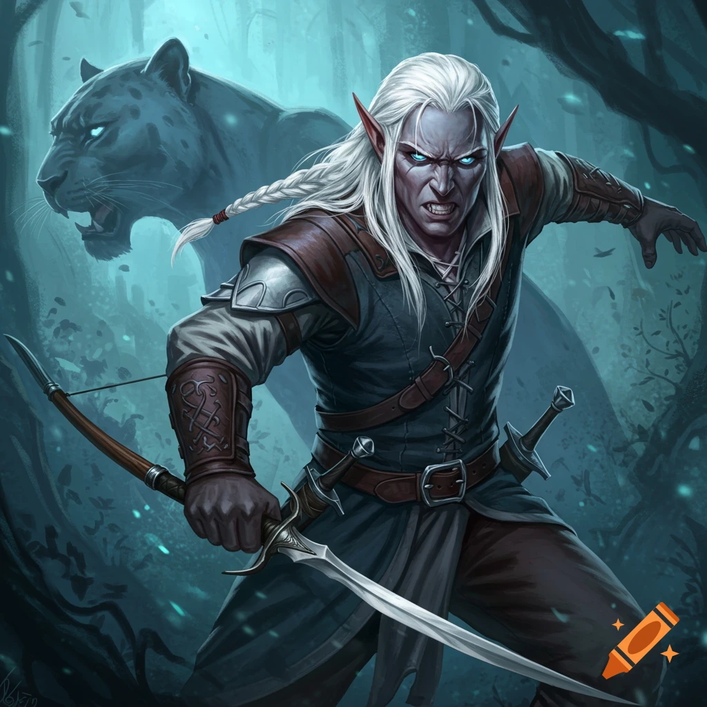 A fantasy illustration of a dark elf ranger with white hair and blue eyes fighting alongside a black panther in a dark forest.