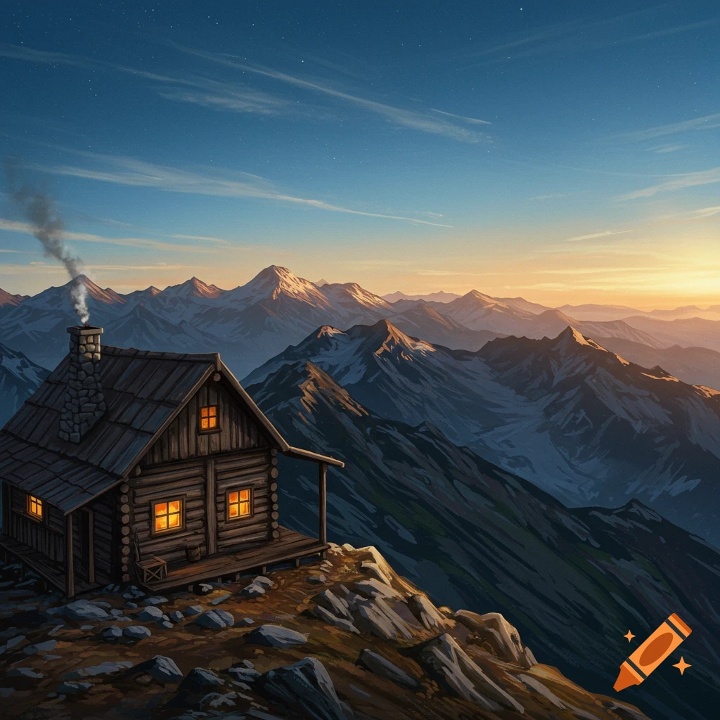 A wooden cabin sits on a mountaintop overlooking a vast mountain range under a starry sky and sunrise.