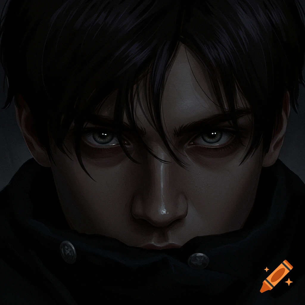 Close-up portrait of a person with dark hair staring intently, wrapped in dark clothing.