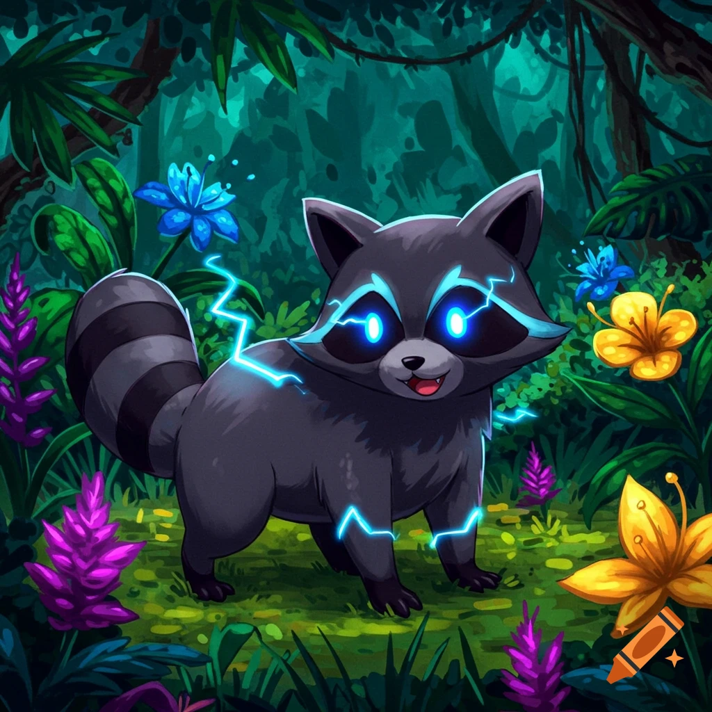A cartoon raccoon with glowing blue eyes and lightning effects stands in a forest clearing with vibrant flowers.