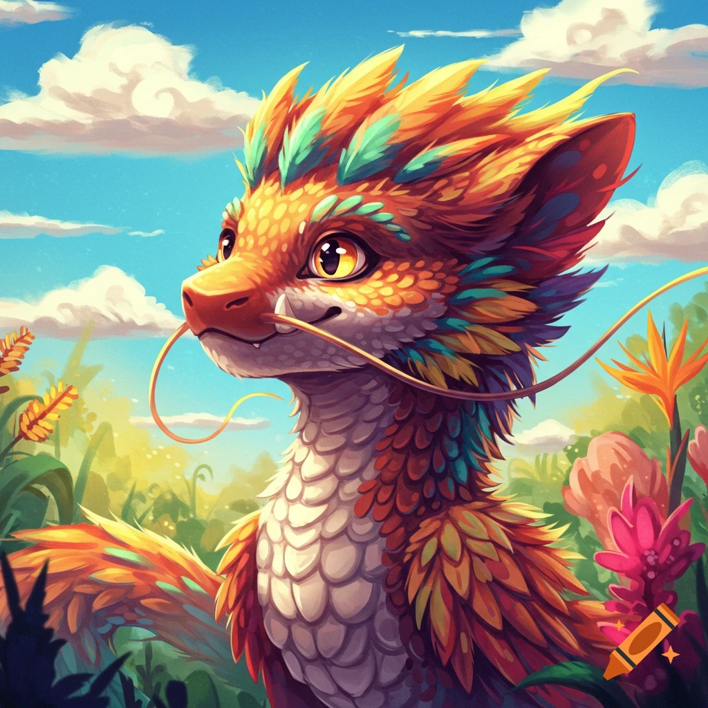 A colourful, furry dragon creature looks to the side in a sunny, lush landscape, digital art.