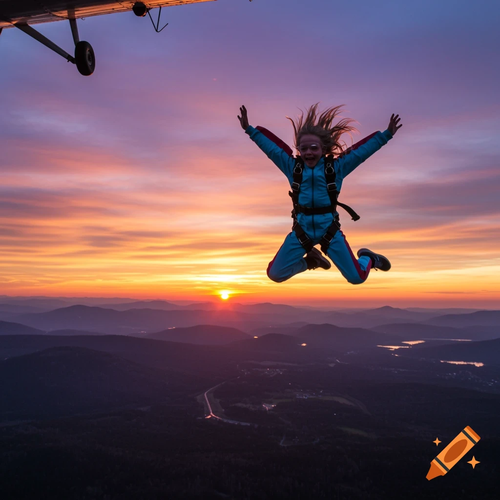 Person in blue skydive suit jumping from plane at sunset over mountain landscape.