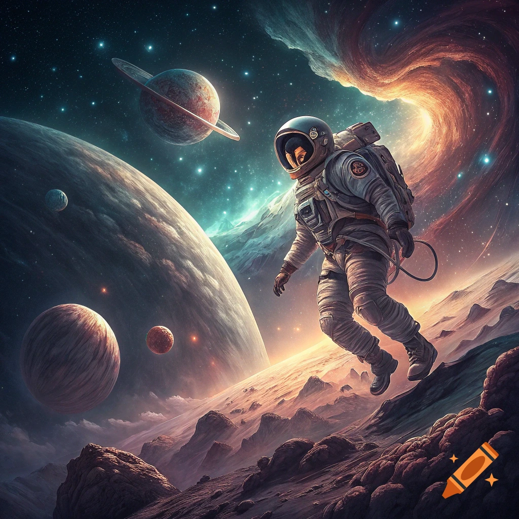 An astronaut floats above a rocky planet surface in deep space, with large planets and a colorful nebula in the background.