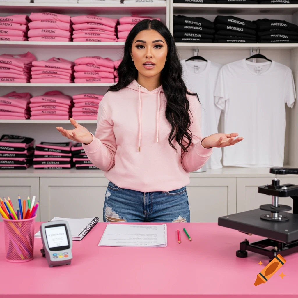 Woman stands behind counter in retail space with t-shirts, gesturing, photorealistic.