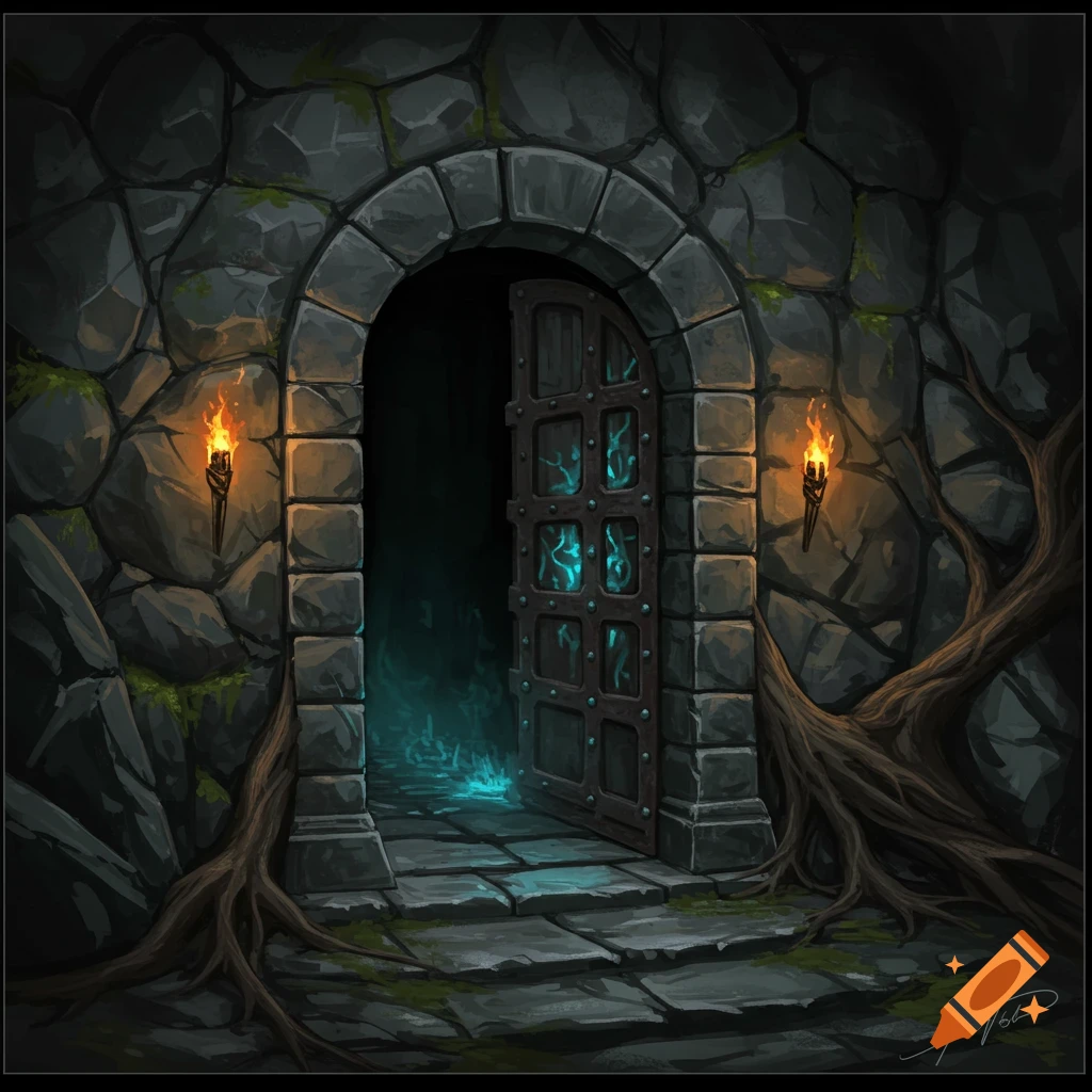 A stone dungeon entrance with an open door, glowing blue light inside, torches, and roots.