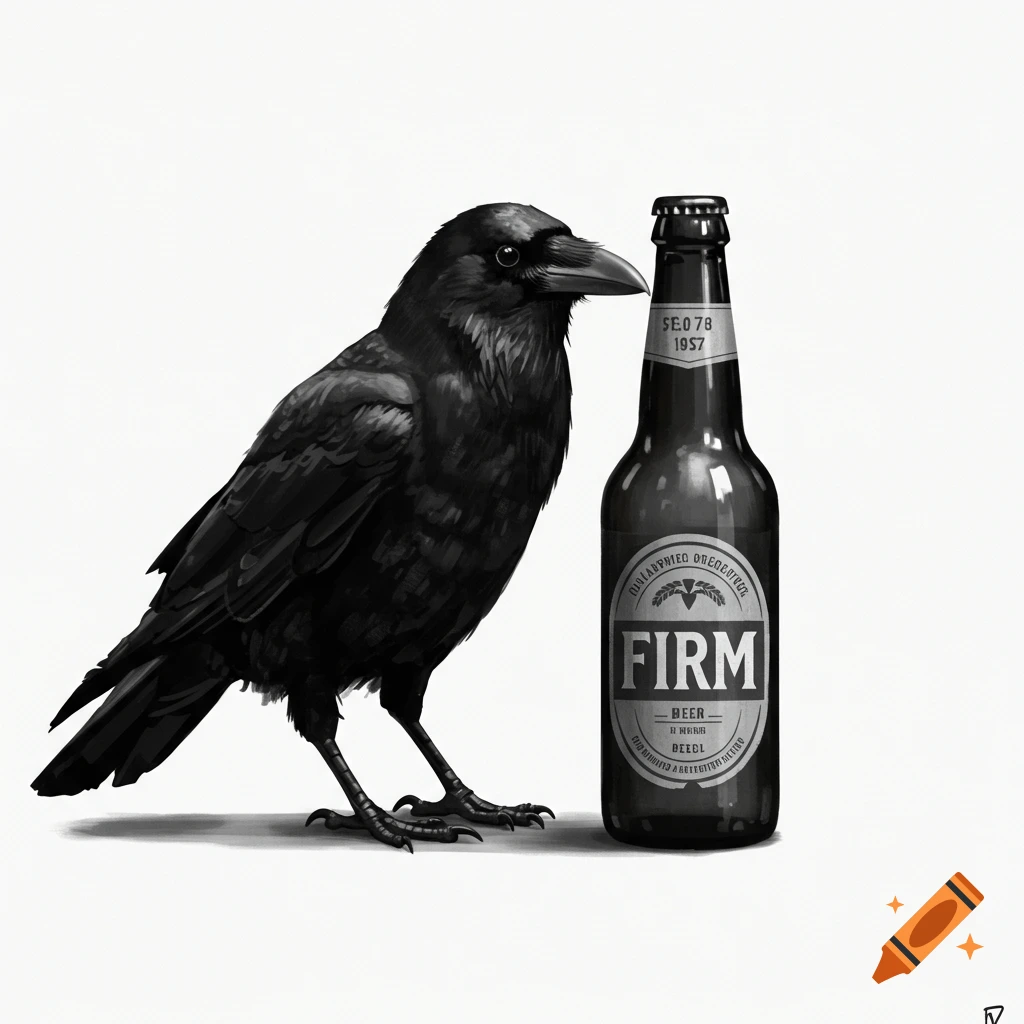 A monochrome illustration of a black crow standing next to a beer bottle.