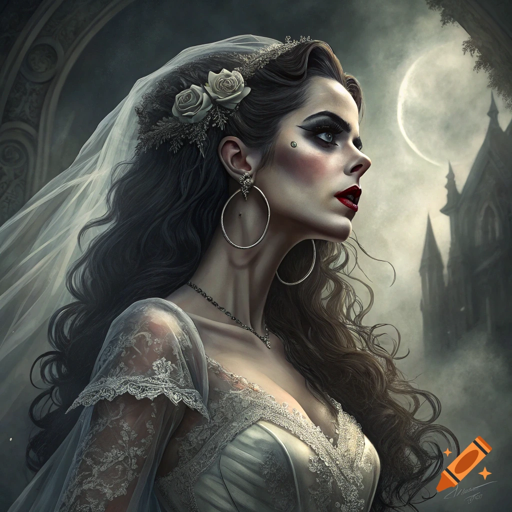 Portrait of a woman in a gothic bridal gown and veil, dramatic makeup, roses in hair, with a castle and moon in the background.