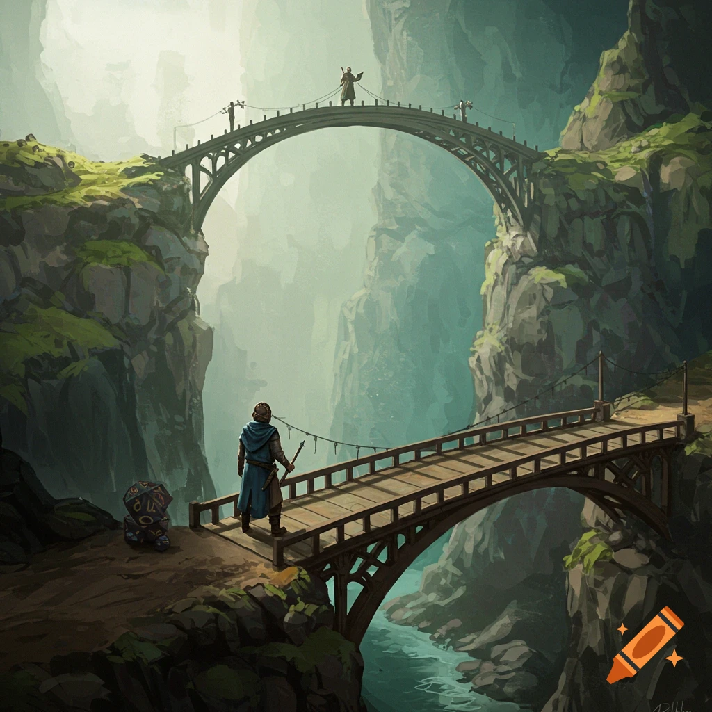 A figure in a blue cloak stands on a bridge over a canyon, looking toward a higher bridge with figures.