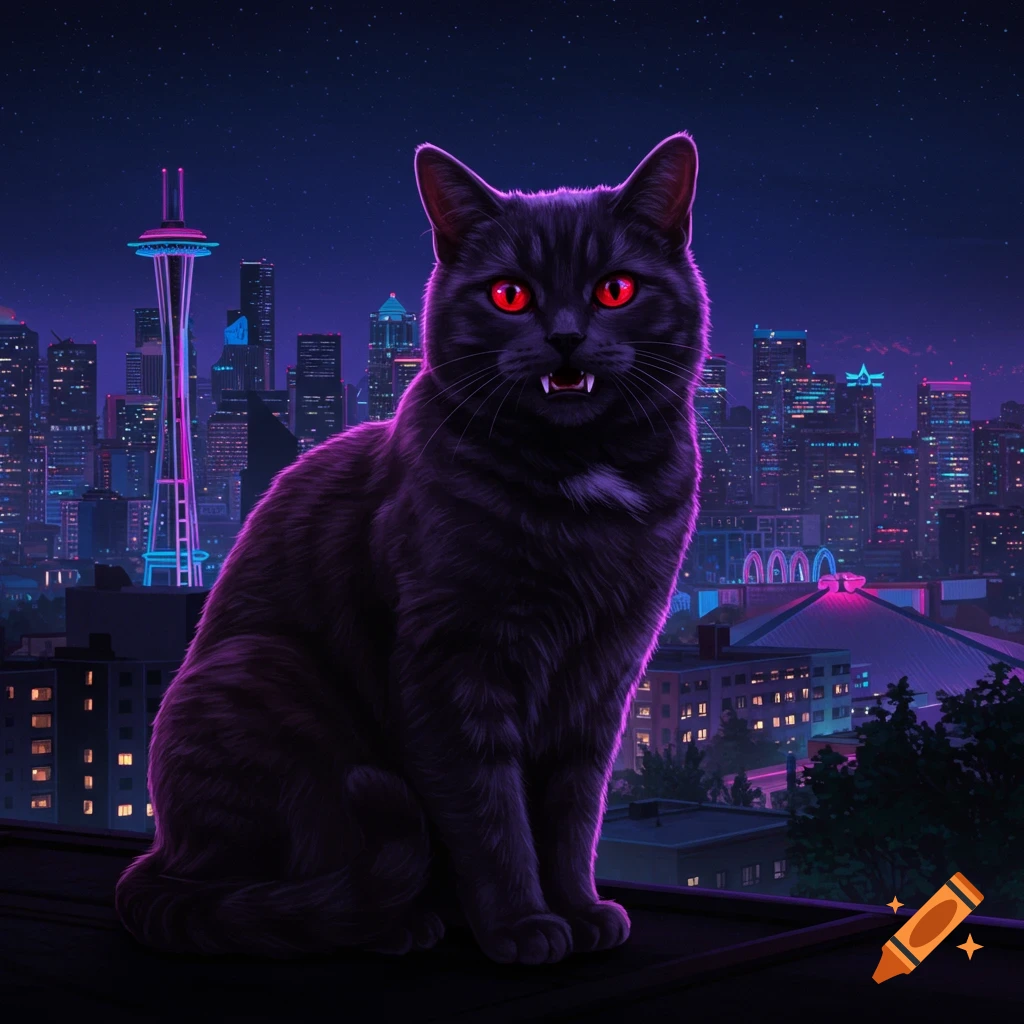 A black cat with red eyes and fangs sits on a rooftop overlooking a neon-lit Seattle skyline at night.