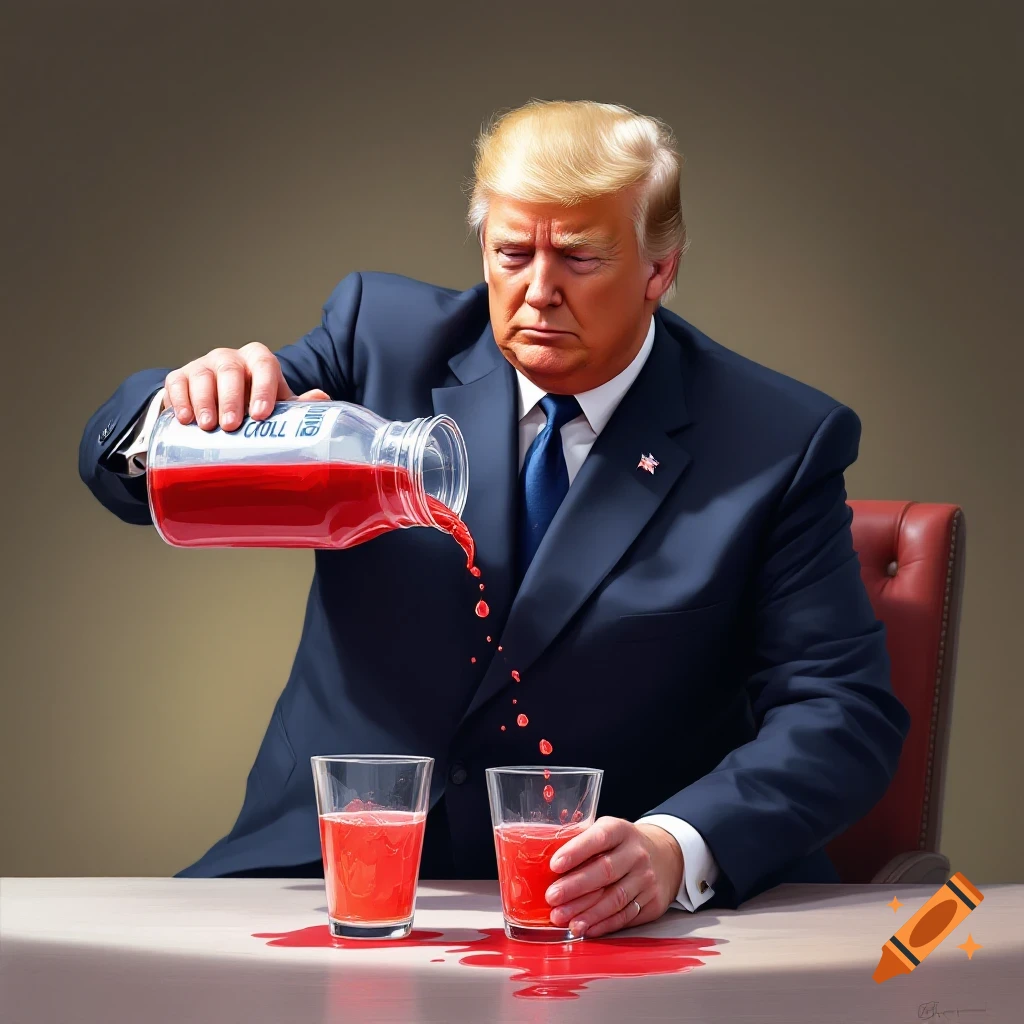 Donald Trump pouring red liquid from a bottle labeled "CROLL" into two glasses, spilling some on the table, photorealistic style.
