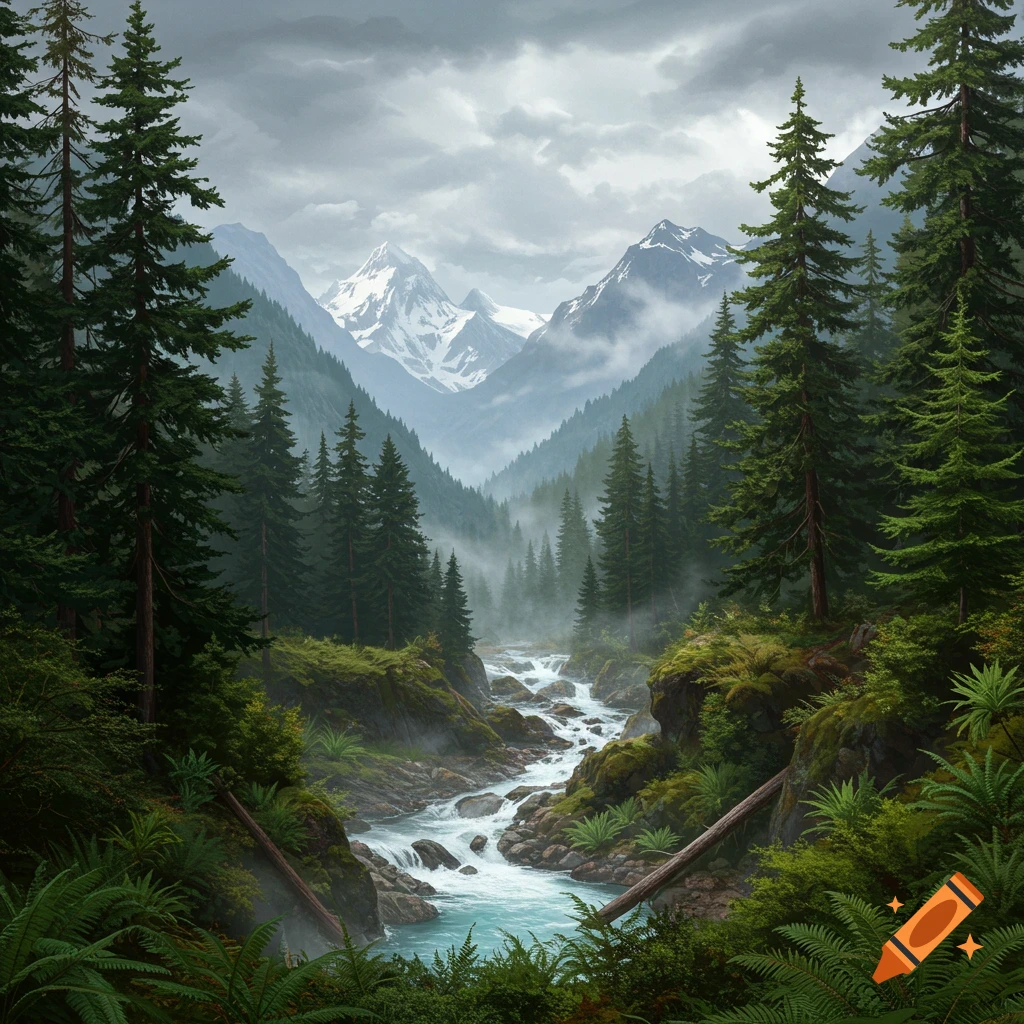 River flowing through a forested mountain valley under cloudy skies