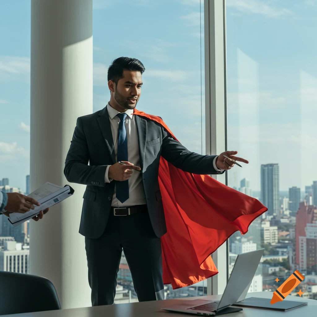 Man in suit and red cape stands in office, pointing, with city view.
