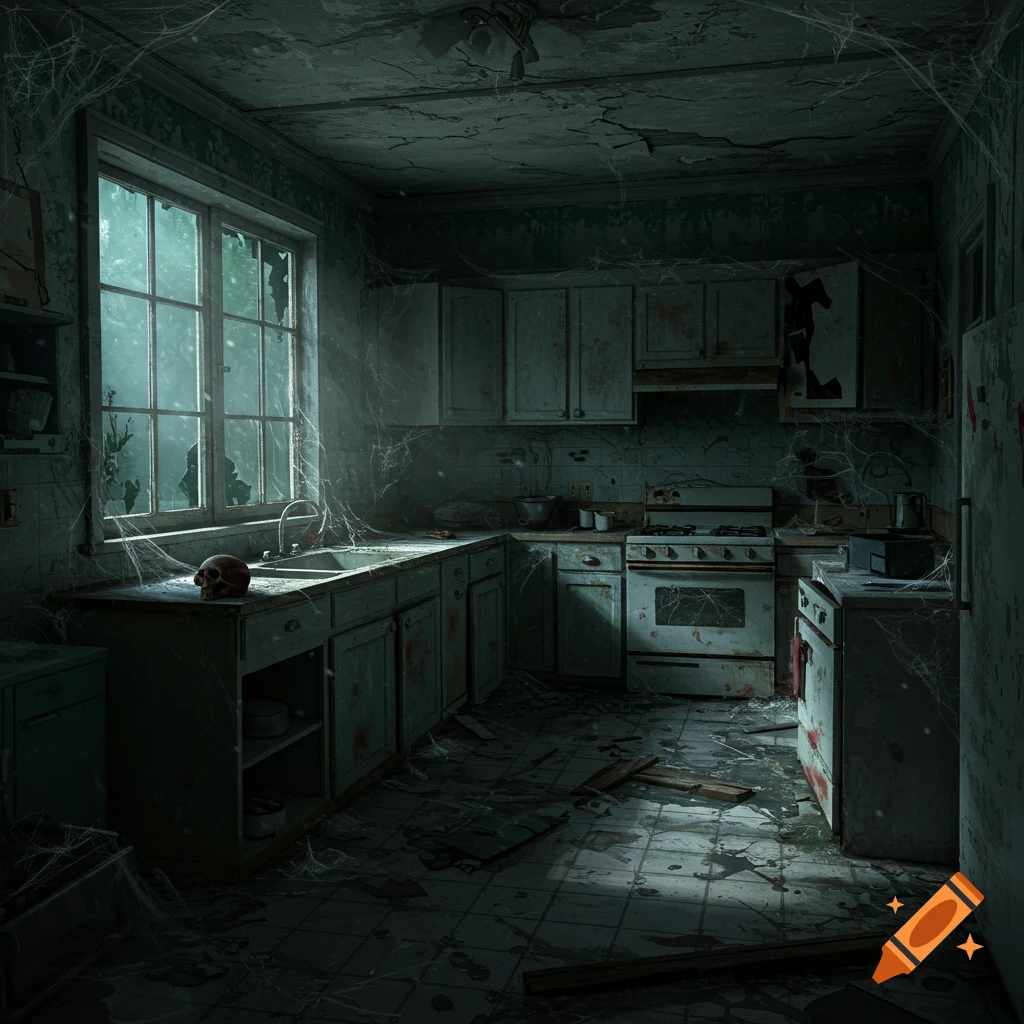 A dark and abandoned kitchen covered in cobwebs with a skull on the counter, lit by moonlight from a broken window.